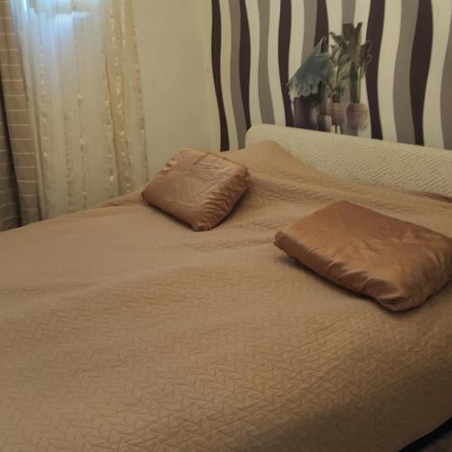 two pillows sitting on top of a bed at Cosy apartman Split - in green area in Solin