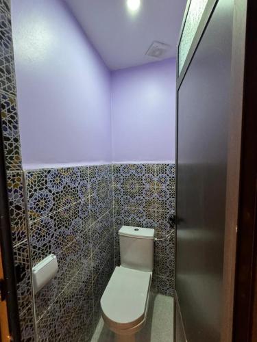 a small bathroom with a toilet and a shower at Cafe Restaurant Moove Oil in Rissani