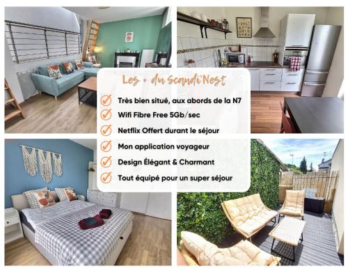 un collage de photos d'une cuisine et d'un salon dans l'établissement Scandi'Nest 2 Rooms & Terrace, à Corbeil-Essonnes