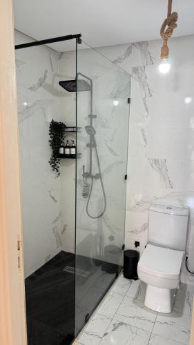 a bathroom with a toilet and a glass shower at BARAKA APPART in Selouane