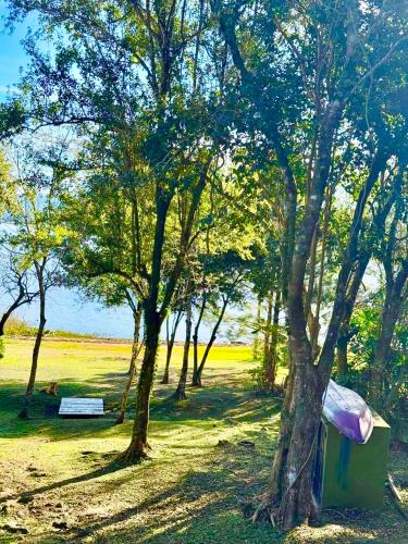 a park with trees and a bench in the grass at MI LUGAR FELIZ Cabaña Misionera in Loreto