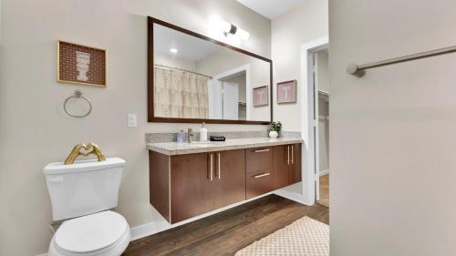 a bathroom with a toilet and a large mirror at Cozy 1B1B with Pool, Parking, WiFi, Gym 30mnts from Austin in Cedar Park