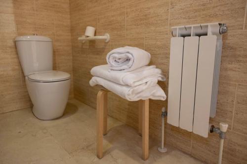 a bathroom with a toilet and a pile of towels at Hotel Flamingo in L'Ampolla
