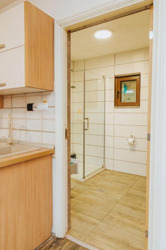 a bathroom with a shower and a sink and a toilet at Casa bunicilor/ Grandparent’s house in Zăbala