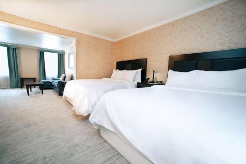 a hotel room with two beds and a mirror at Hotel Stanford in New York