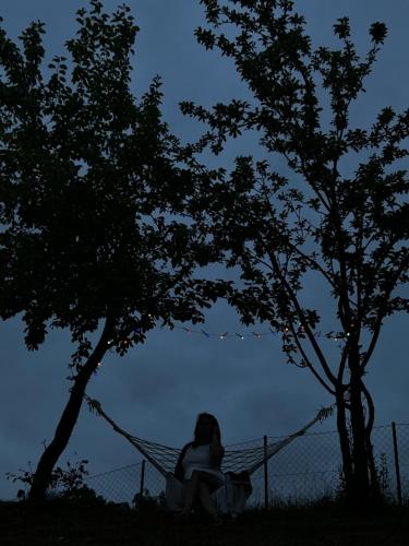 a woman sitting on a hammock under two trees at Vila Fina in Laktaši