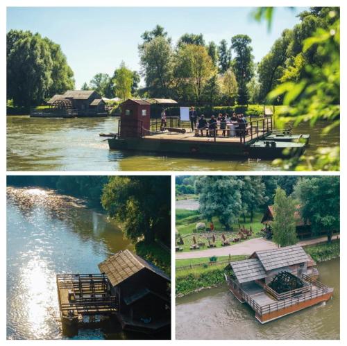 a collage of three pictures of a river with a boat at Holiday Home Forest INN in Sveti Martin na Muri