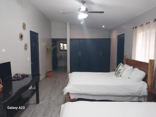 a bedroom with two beds and a ceiling fan at Casa Honey in Bajo Boquete