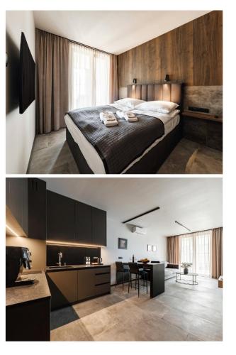 a bedroom with a bed and a kitchen with a table at PLATiNiUM RESiDENCE GARDEN SASKI - "CENTRUM" in Lublin