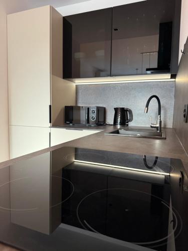 a kitchen with a sink and a microwave at Apartament KTW3 in Katowice