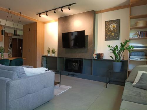 Una sala de estar con un sofá y un televisor. en Apartament Lena Stare Miasto, en Cracovia