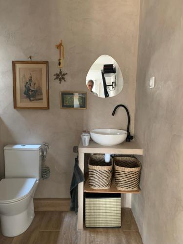 une salle de bain avec un lavabo, des toilettes et un miroir dans l'établissement Grand studio Zen à côté de la promenade des Anglais, à Nice