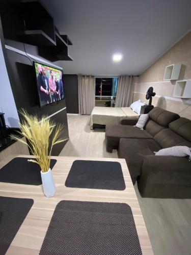 a living room with a couch and a flat screen tv at Apartamento em Guarapuava in Guarapuava