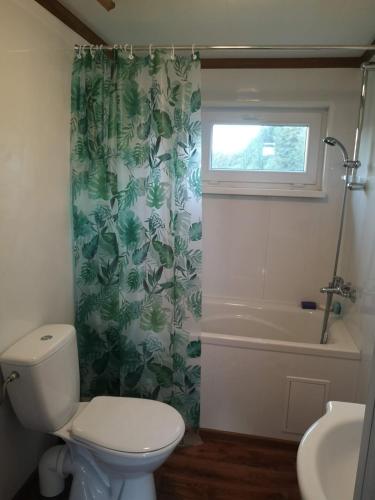 a bathroom with a toilet and a shower curtain at Domek na łące 