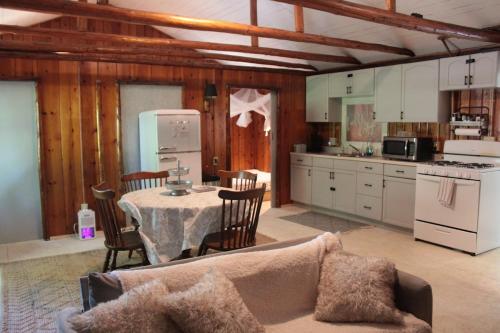 a living room with a table and a kitchen at Lake Huron Lady of the Lake Cabin w HotTub, Sauna in Greenbush