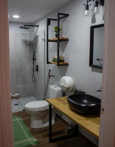 a bathroom with a black sink and a toilet at ThauRana Glamping in Santa Lucía