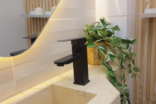 a staircase with a bench and a potted plant at Pool & Gym - 10min Aeropuerto y HOMS - Dream Stay in Santiago de los Caballeros