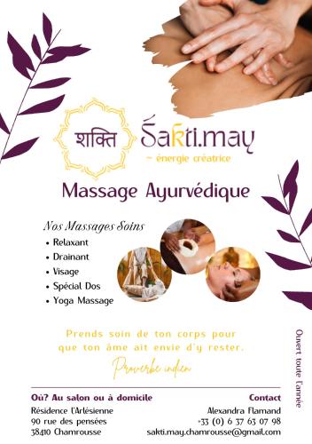 a flyer for a massage service with a picture of a woman receiving a massage appliance at Spacieux et confortable avec piscine in Chamrousse