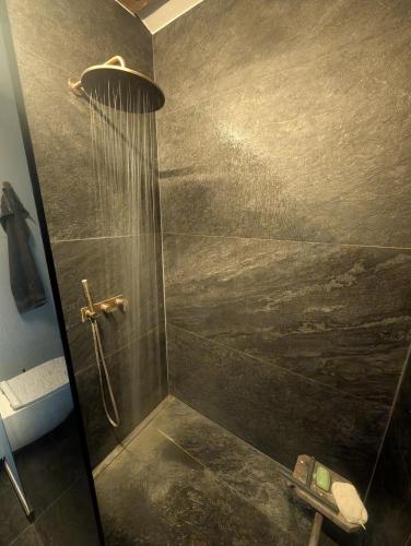 a bathroom with a shower with a shower head at Nordic Designer Summerhouse - With a fantastic view in Vejby