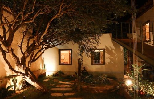 a tree in front of a house at night at Incrível Casa Colonial-Déco - Centro Histórico in Marechal Floriano