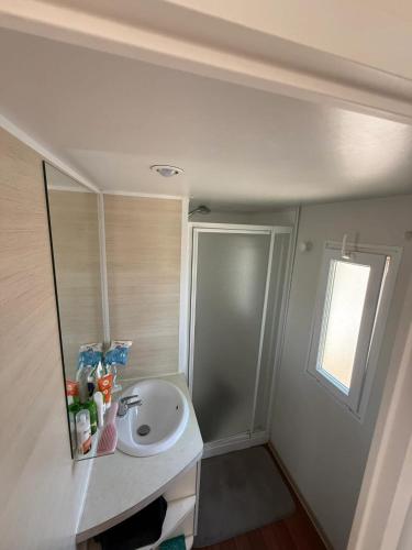 une salle de bain avec un lavabo et un miroir dans l'établissement Bungalow tranquille à Marseillan avec terrasse 32 m², à Marseillan