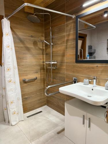 a bathroom with a sink and a shower at Morski Zakątek in Ustronie Morskie