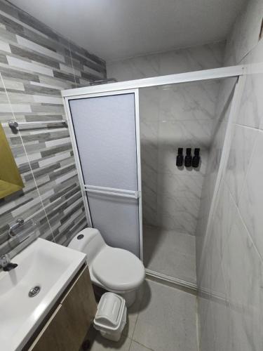 a bathroom with a shower and a toilet and a sink at Hotel Rodadero Dorado in Santa Marta