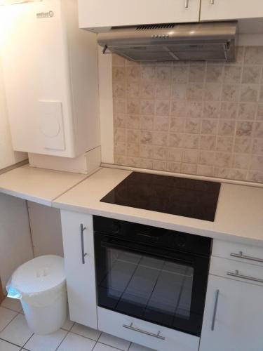 a kitchen with a stove top oven in a kitchen at Dorfstrasse 45 Sankt Annen in Sankt Annen
