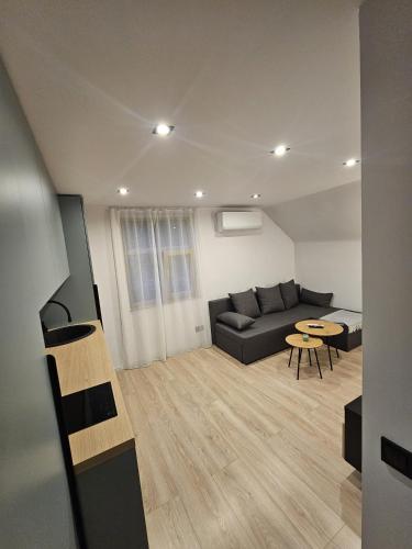 a living room with a couch and a table at Zvaigžņu apartment in Riga