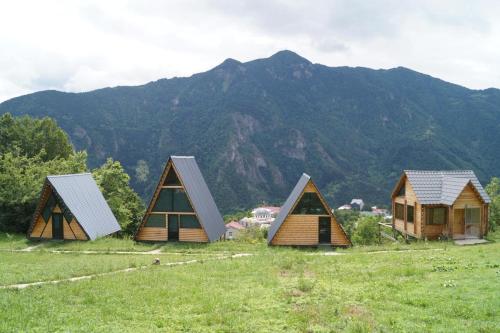 a group of small houses in a field with mountains at SunHouse in Khulo