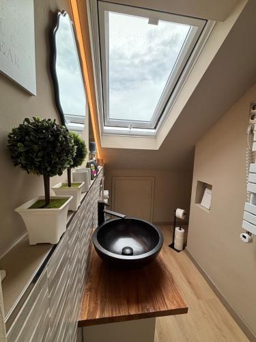 a bathroom with a black bowl sink in a skylight at CasaWilli - Feriendomizil in Weisweil