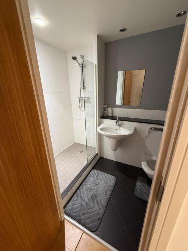 バーミンガムにあるStylish City Stay on Fleet Street, Modern Comfort in the Heart of Birminghamのシャワー、洗面台、トイレ付きのバスルーム