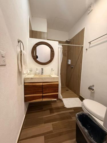 a bathroom with a sink and a toilet and a mirror at Lofts Terra Nuevo Vallarta in Nuevo Vallarta
