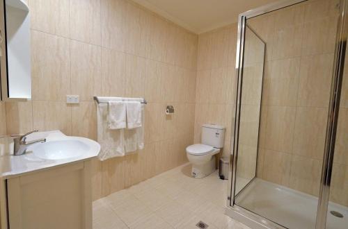 ein Bad mit einem WC, einem Waschbecken und einer Dusche in der Unterkunft Parklane Motel Murray Bridge in Murray Bridge