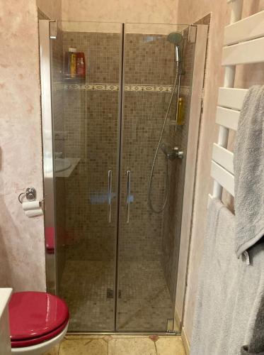 une douche avec une porte vitrée dans une salle de bain dans l'établissement Château de Livière, à Calvisson