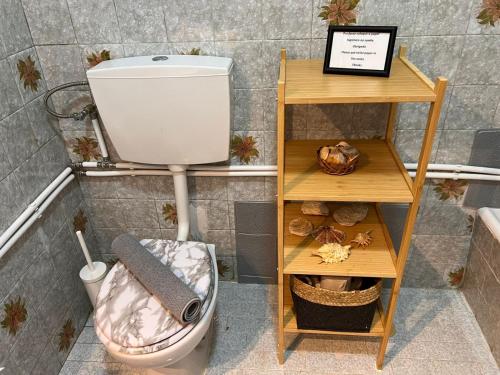 a bathroom with a toilet and two shelves at Apartamento Centro Amadora in Amadora