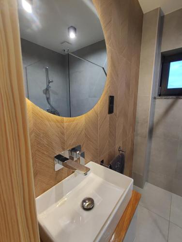 a bathroom with a white sink and a shower at Domki Karkonosze Pod Dębem in Wojcieszyce