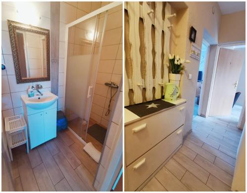two pictures of a bathroom with a sink and a shower at Dom Gościnny Wika in Rewal