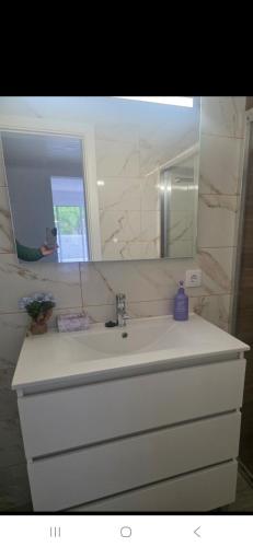 a bathroom with a white sink and a mirror at Danny's Rural Suite T1 in Curral das Freiras