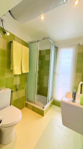 a bathroom with a toilet and a shower and a sink at Casa Mareta in Sagres