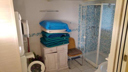 a bathroom with a shower and a pile of towels at Ruhiges Ferienhaus in sonniger Lage in Lissendorf
