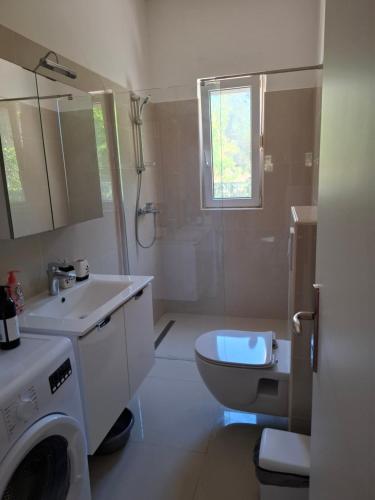 a white bathroom with a toilet and a sink at Apartmani Ana i Mia in Ston