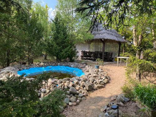 a small pool in a yard with a gazebo at Domek Bory Tucholskie in Skorka