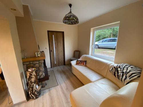 a living room with a couch and a fireplace at Domek Bory Tucholskie in Skorka