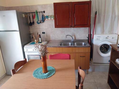 a kitchen with a table with a sink and a refrigerator at Alloggio Casale Stella in Casalbordino