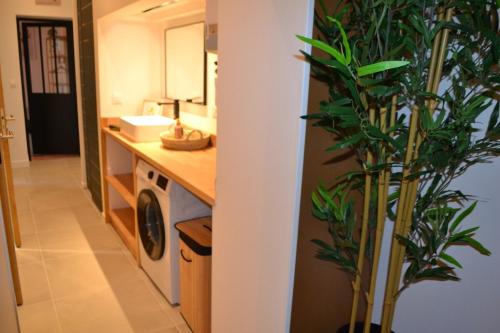 a bathroom with a sink and a washing machine at La Vie Est Belle climatisé à 5 min de la plage in Dunkerque