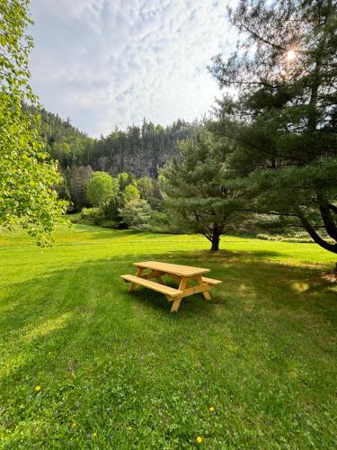 a wooden picnic table sitting in a grass field at Auberge du Jardin in Petit-Saguenay