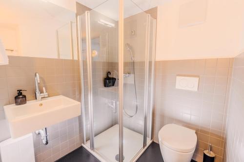 a bathroom with a shower and a toilet and a sink at SOON APT Nr 5 in Simmern