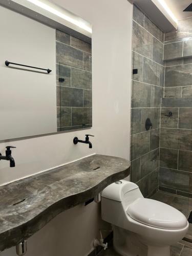 a bathroom with a toilet and a shower at Casa Kyros Boutique in Medellín