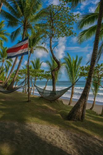 a hammock on a beach with palm trees and a flag at La Leona Eco Lodge in Carate